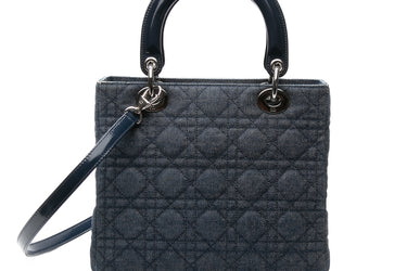 DIOR Vintage Blue Denim Cannage Medium Lady Dior Bag