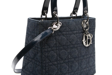 DIOR Vintage Blue Denim Cannage Medium Lady Dior Bag