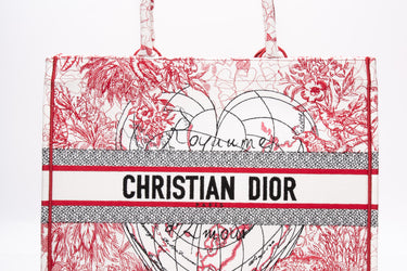 DIOR Red Multicolor Canvas Embroidered Amour Large Book Tote