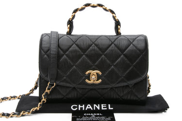 CHANEL Black Lambskin Quilted Coco Mark Top Handle Flap Bag