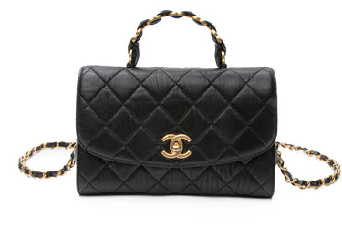 CHANEL Black Lambskin Quilted Coco Mark Top Handle Flap Bag