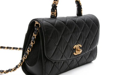CHANEL Black Lambskin Quilted Coco Mark Top Handle Flap Bag