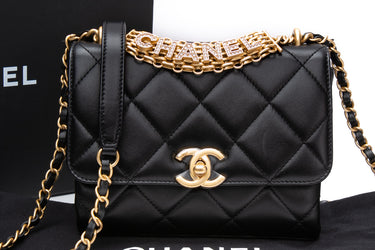 CHANEL 22S Black Lambskin Quilted Mini CC Crystal Logo Chain Flap Bag