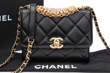CHANEL 22S Black Lambskin Quilted Mini CC Crystal Logo Chain Crossbody Bag