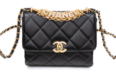CHANEL 22S Black Lambskin Quilted Mini CC Crystal Logo Chain Crossbody Bag