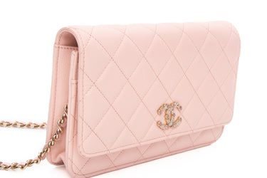 CHANEL 23K Light Pink Caviar Quilted CC Wallet On Chain WOC