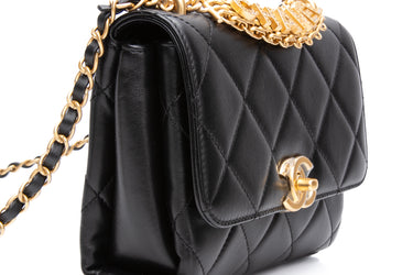 CHANEL 22S Black Lambskin Quilted Mini CC Crystal Logo Chain Crossbody Bag