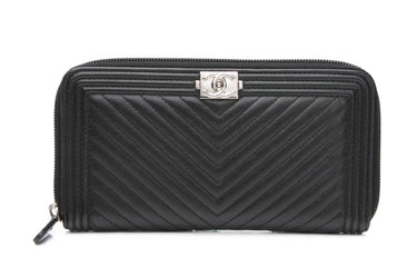 CHANEL Black Calfskin Chevron Zip Around Boy Wallet