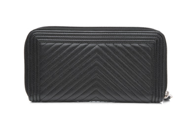 CHANEL Black Calfskin Chevron Zip Around Boy Wallet