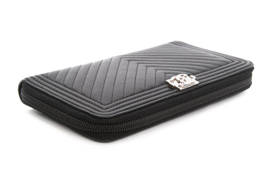 CHANEL Black Calfskin Chevron Zip Around Boy Wallet