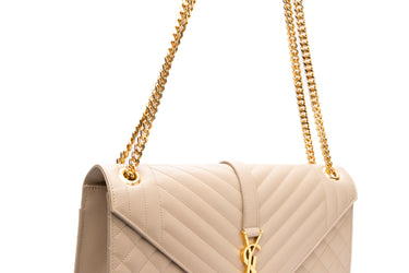 SAINT LAURENT Dark Beige Grain De Poudre Large Tri-Quilt Monogram Satchel