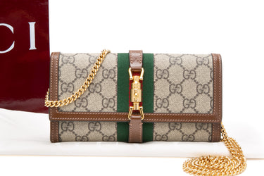 GUCCI Beige and Brown GG Supreme Monogram Textured Calfskin Web Jackie 1961 Wallet on Chain Crossbody