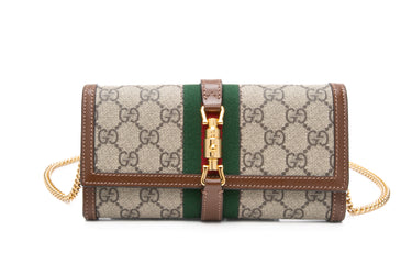 GUCCI Beige and Brown GG Supreme Monogram Textured Calfskin Web Jackie 1961 Wallet on Chain Crossbody