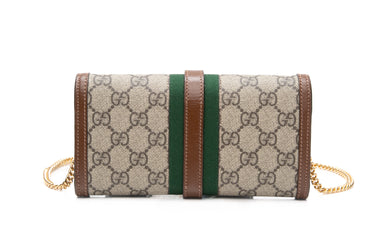 GUCCI Beige and Brown GG Supreme Monogram Textured Calfskin Web Jackie 1961 Wallet on Chain Crossbody