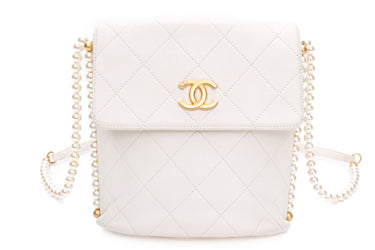 CHANEL White Calfskin Quilted Pearls Strap Small Shoulder/Crossbody Bag