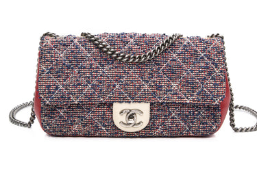 CHANEL Red and Blue Tweed Quilted Medium Flap Bag