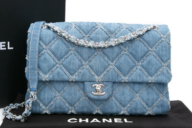 CHANEL Blue Frayed Denim Quilted Large Flap Bag