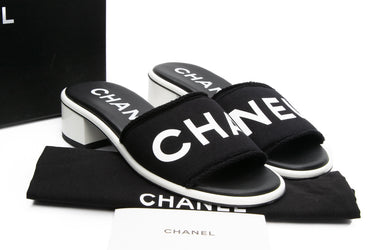 CHANEL 24C Black and White CHA NEL Letter Logo Block Heel Slides Mule 36