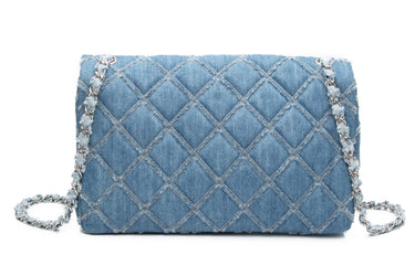 CHANEL Blue Frayed Denim Quilted Large Flap Bag