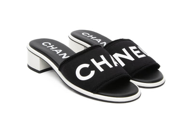 CHANEL 24C Black and White CHA NEL Letter Logo Block Heel Slides Mule 36