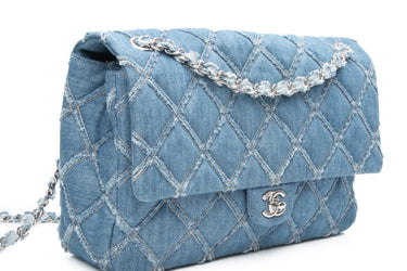 CHANEL Blue Frayed Denim Quilted Large Flap Bag