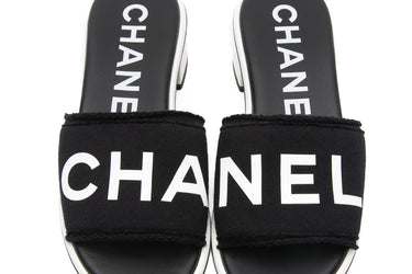 CHANEL 24C Black and White CHA NEL Letter Logo Block Heel Slides Mule 36