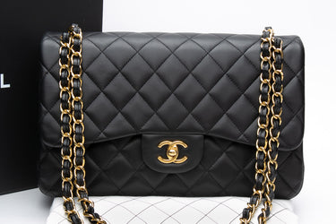 CHANEL Black Lambskin Jumbo Classic Double Flap Bag