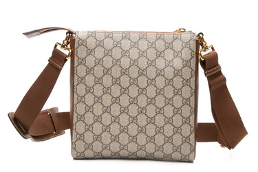 GUCCI Beige Ebony and Brown Sugar GG Supreme Monogram Azalea Calfskin Retro Interlocking G Flat Messenger Bag