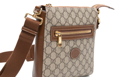 GUCCI Beige Ebony and Brown Sugar GG Supreme Monogram Azalea Calfskin Retro Interlocking G Flat Messenger Bag