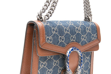 GUCCI Dionysus GG Monogram Denim Blue Tea Cuir Epilog Electric Calfskin Enamel Mini Bag