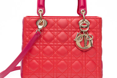 DIOR Bi-Color Orange Fuchsia Lambskin Cannage Medium Lady Dior Bag