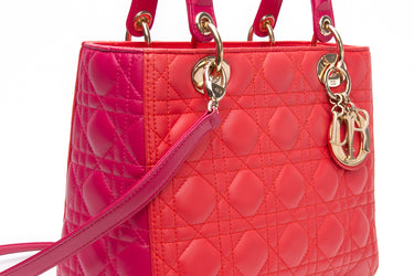 DIOR Bi-Color Orange Fuchsia Lambskin Cannage Medium Lady Dior Bag