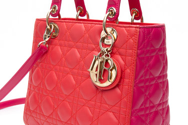 DIOR Bi-Color Orange Fuchsia Lambskin Cannage Medium Lady Dior Bag