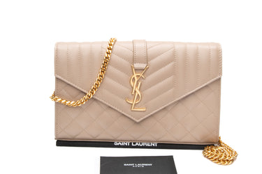 SAINT LAURENT Dark Beige Envelope Triquilt in Grained Leather Wallet on Chain WOC