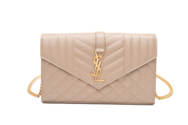 SAINT LAURENT Dark Beige Envelope Triquilt in Grained Leather Wallet on Chain WOC
