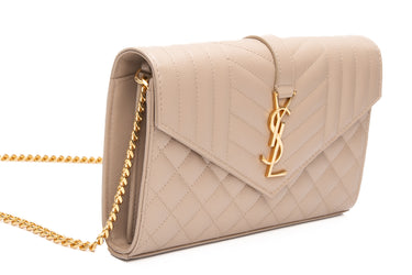 SAINT LAURENT Dark Beige Envelope Triquilt in Grained Leather Wallet on Chain WOC