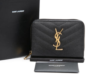 SAINT LAURENT Black Grain de Poudre Matelasse Chevron Monogram Compact Zip Around Wallet