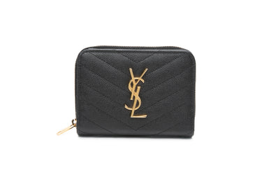 SAINT LAURENT Black Grain de Poudre Matelasse Chevron Monogram Compact Zip Around Wallet