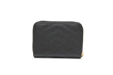 SAINT LAURENT Black Grain de Poudre Matelasse Chevron Monogram Compact Zip Around Wallet