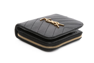 SAINT LAURENT Black Grain de Poudre Matelasse Chevron Monogram Compact Zip Around Wallet