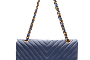 CHANEL Navy Blue Medium Classic Lambskin Chevron Double Flap Bag