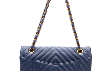 CHANEL Navy Blue Medium Classic Lambskin Chevron Double Flap Bag