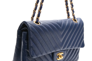 CHANEL Navy Blue Medium Classic Lambskin Chevron Double Flap Bag