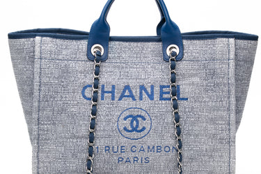 CHANEL Blue Glitter Woven Straw Raffia Medium Deauville Tote Bag