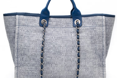 CHANEL Blue Glitter Woven Straw Raffia Medium Deauville Tote Bag