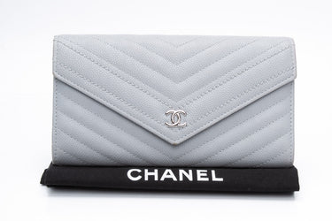 CHANEL Caviar Chevron Quilted Large Gusset Flap Wallet Grey
