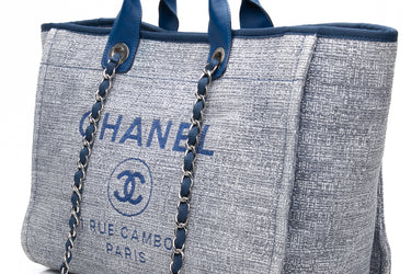 CHANEL Blue Glitter Woven Straw Raffia Medium Deauville Tote Bag