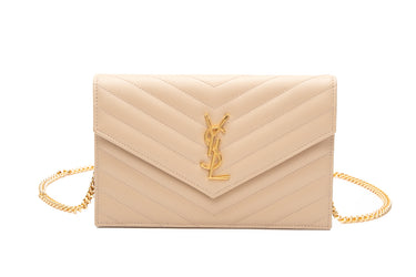 SAINT LAURENT Dark Beige Cassandre Envelope Chain Wallet in Grain de Poudre Leather