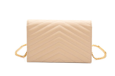 SAINT LAURENT Dark Beige Cassandre Envelope Chain Wallet in Grain de Poudre Leather