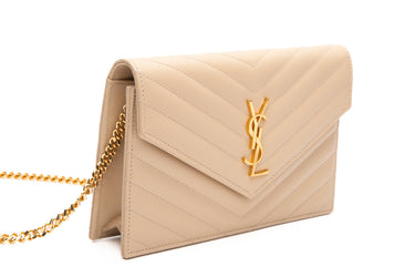 SAINT LAURENT Dark Beige Cassandre Envelope Chain Wallet in Grain de Poudre Leather